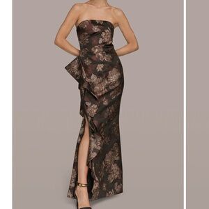 Donna Karan Strapless Floral Jacquard Midi Dress in Dark Brown and Blush